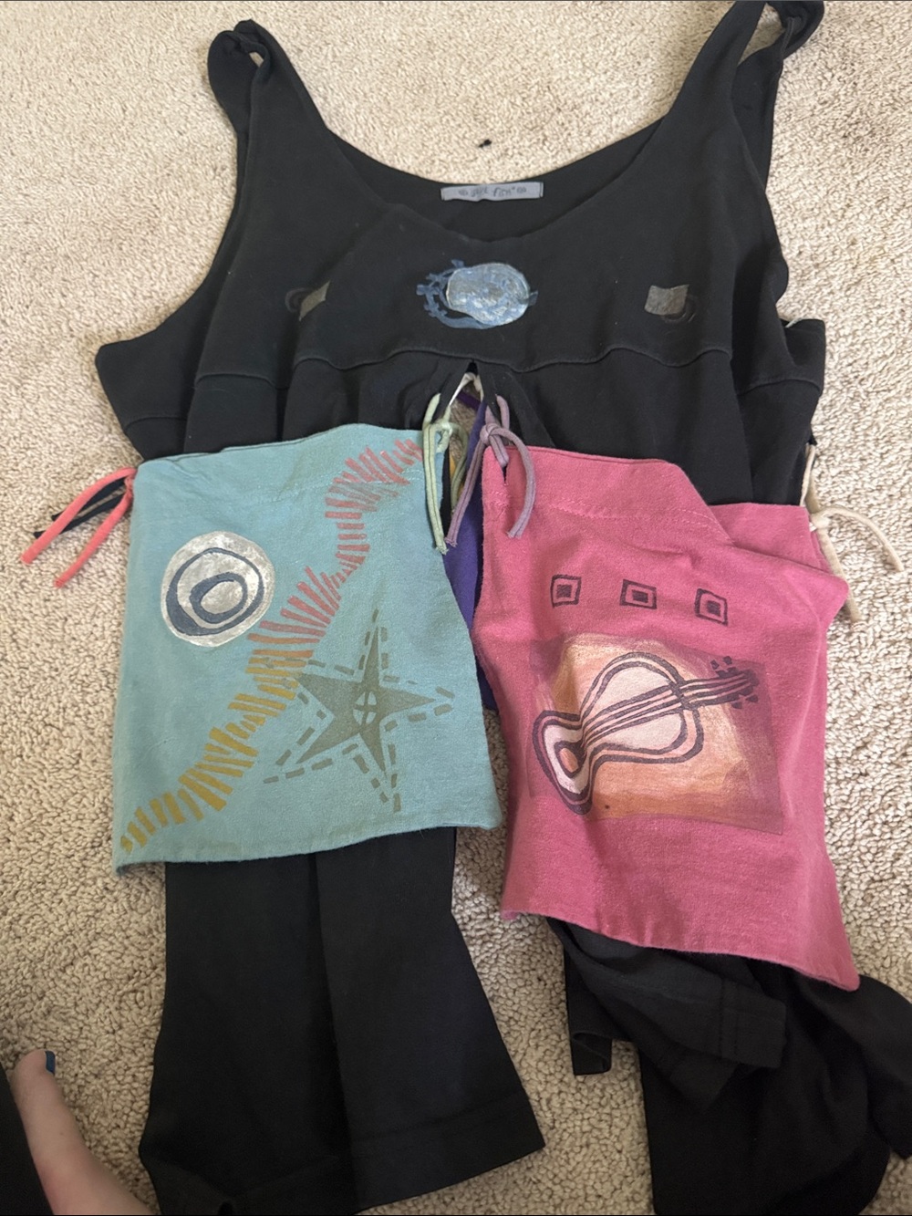 Blue Fish Black Tank Top with Teal and Pink Drawstring Pocket Panels
